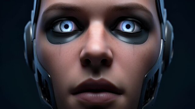 A close-up, front-facing portrait of a robotic entity with striking, luminous blue eyes, suggesting advanced artificial intelligence and a futuristic presence.