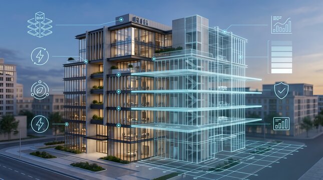 Smart building energy management system displaying building information modeling wireframe with sustainability and performance analytics interface