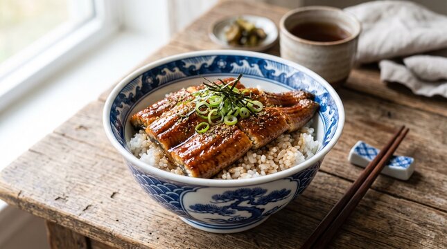 Traditional Japanese unadon grilled eel over rice in a ceramic bowl on a rustic wooden table.