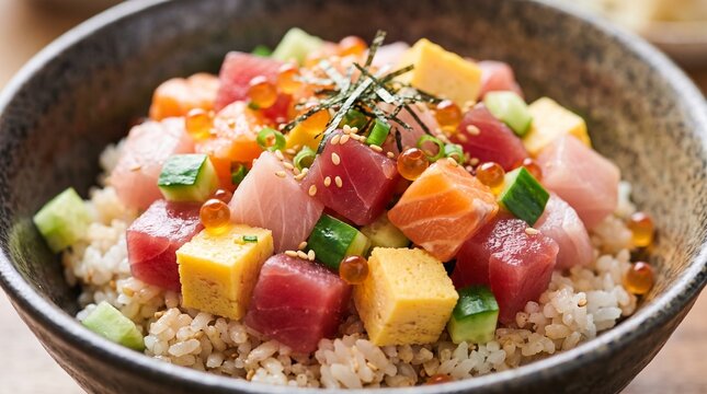 Japanese bara chirashi sushi bowl with cubed raw fish tamago and cucumber.