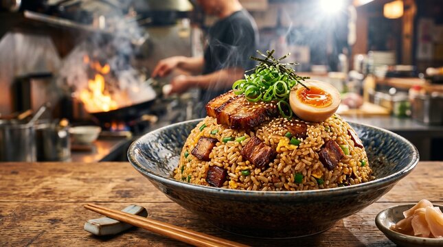 Delicious Japanese fried rice with pork belly and egg in a busy kitchen.