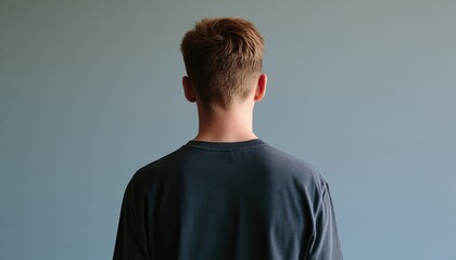 Obraz premium Man standing with back view of a young male person wearing a shirt on grey wall