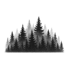 Obraz premium Stippled black-and-white silhouette of a dense conifer forest with layered pine and fir trees, pointillist texture and misty gradient forming a triangular woodland composition