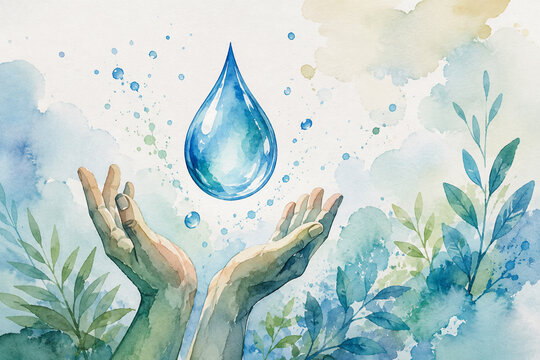 AI generated hands holding blue water drop surrounded by green leaves soft watercolor splashes representing water conservation sustainability nature care environmental protection
