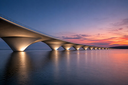 AI generated modern bridge stretching across calm water at sunset illuminated arches reflections dramatic sky representing architecture engineering connection