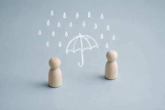 AI generated wooden people umbrella rain symbols representing protection support care security insurance trust safety mutual assistance