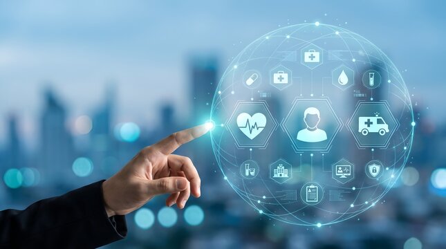 Smart city healthcare infrastructure concept featuring hand interacting with digital medical network sphere representing population health management