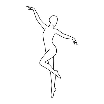 Minimalist black line-art silhouette of a graceful ballerina in an arabesque pose, elegant single-line figure capturing movement, balance and posture against a white background.