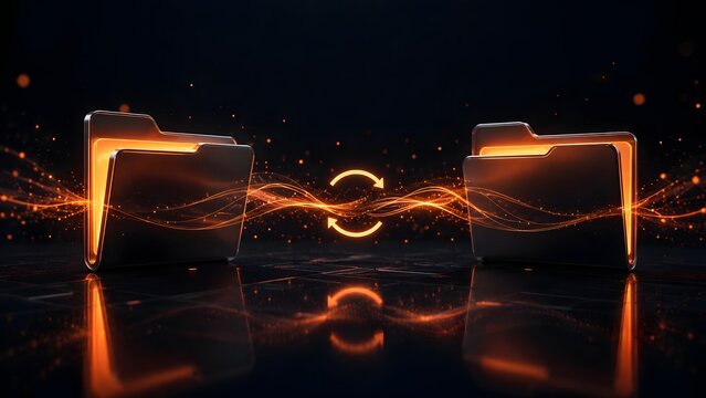 Digital file transfer concept with metallic folders connected by glowing orange energy waves representing data synchronization and cloud storage backup