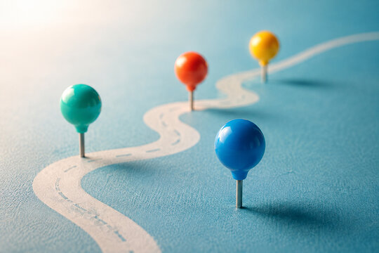 AI generated colorful pushpins marking winding road representing journey planning milestones direction progress goals strategy navigation business success