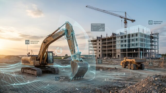 Digital twin construction site with excavator and building wireframe representing smart architecture BIM software and automation