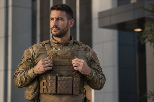 Professional soldier or private security contractor in camouflage uniform and tactical vest standing in front of a modern building, concept of protection, defense, and urban security.