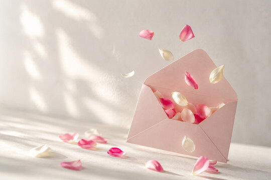 AI generated pink envelope filled floating rose petals soft sunlight representing love romance affection invitation celebration heartfelt messages elegant communication