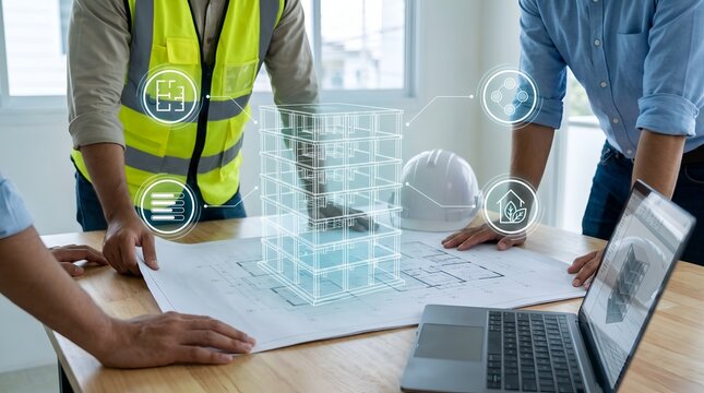 Building Information Modeling BIM Concept with Engineers Analyzing Holographic 3D Wireframe Structure on Construction Blueprints