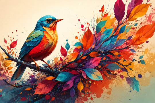 AI generated colorful bird perched branch surrounded by vibrant autumn leaves expressive paint splashes creating lively nature inspired artwork