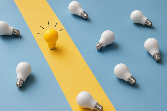 AI generated yellow light bulb standing out among white bulbs blue background representing creative ideas innovation inspiration leadership uniqueness problem solving