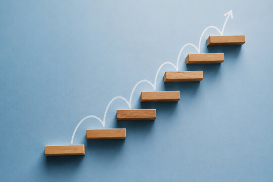 AI generated wooden steps an upward arrow representing business growth progress success achievement improvement strategy development future goals
