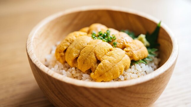 Fresh Uni Donburi Bowl Featuring Premium Sea Urchin Roe Served Over Steamed Rice in a Natural Wooden Bowl