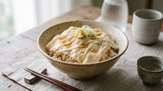 Japanese yuba donburi bowl of rice topped with fresh tofu skin yuba and ginger on wooden table