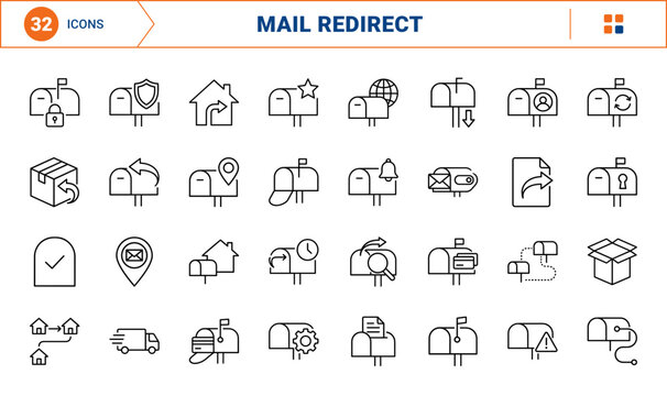 Mailbox Mail Redirect Web Icon Set in Linear Style. Collection of Postal Forwarding line icons, including mail redirection, forwarding route, address change, envelope slide, map tracking, and more.