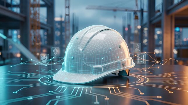 Connected construction site technology featuring safety helmet on circuit board interface with digital building icons against industrial background
