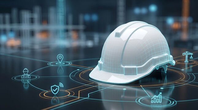 Smart construction safety concept featuring hard hat surrounded by glowing digital network nodes and analytics for industrial site monitoring