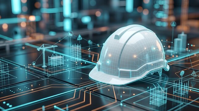 Digital infrastructure planning concept with hard hat on futuristic electronic circuit layout showing virtual building models and construction data