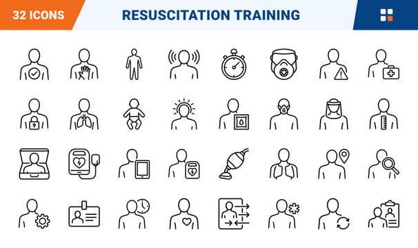 Cpr Manikin Resuscitation Training Web Icon Set in Linear Style. Collection of Lifesaving Practice line icons, including cpr manikin, defib trainer, ventilation mask, chest compression and more.