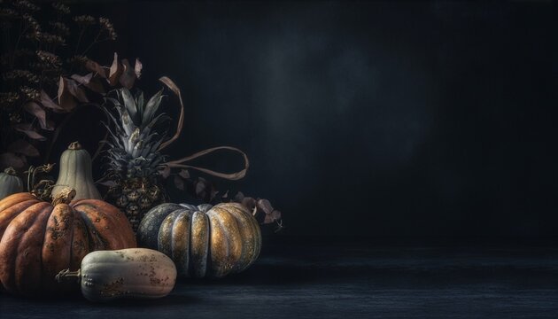 Dark and moody autumn still life featuring pumpkins, gourds, and a pineapple on a rustic surface. Rich earthy colors with ample copy space on the right, perfect for seasonal Thanksgiving designs.