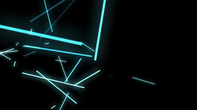 Bright cyan neon lines intersect at sharp angles across a black background, punctuated by glowing starburst points. The energetic and sharp lighting conveys speed, laser technology, and modern digital