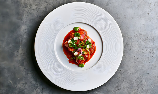 a culinary food creation on a white plate, in a high-end restaurant style, viewed from above, showcasing a fine dining presentation with red sauce and fresh vegetables, set against a grey concrete bac