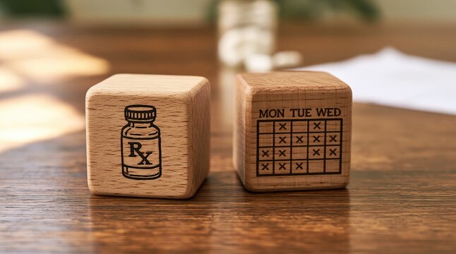 Medicine and prescription schedule on wooden blocks for health care and treatment
