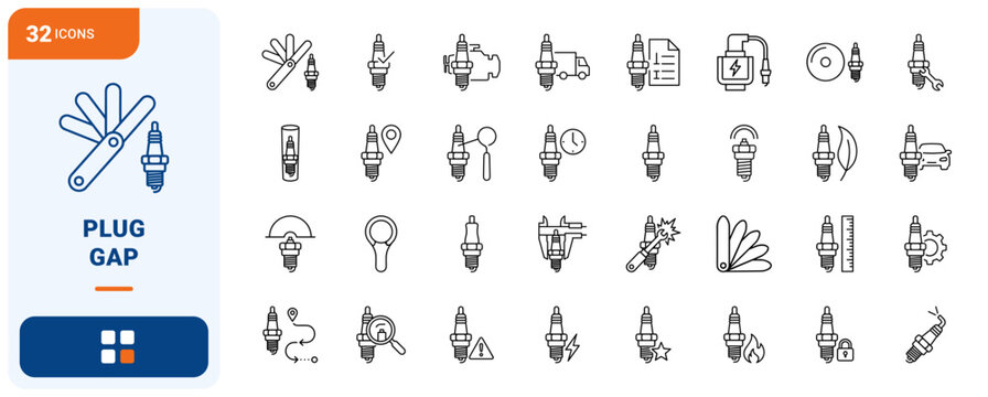 Spark Plug Gap Setting Web Icon Set in Linear Style. Collection of Ignition Tune line icons, including feeler gauge, gap tool, wire gauge, torque wrench, electrode gap, spark gap and more.