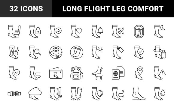 Compression Socks Long Flight Comfort Web Icon Set in Linear Style. Collection of Inflight Health line icons, including compression sock, airplane flight, leg comfort, travel pouch and more.