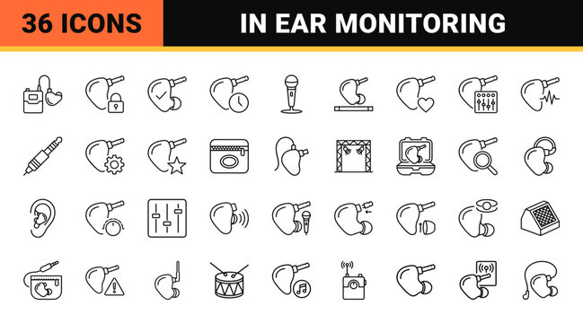 In Ear Monitor Stage Monitoring Web Icon Set in Linear Style. Collection of Live Audio line icons, including in ear monitor, wireless beltpack, mixing console, ear tip, audio jack, stage mic and more.