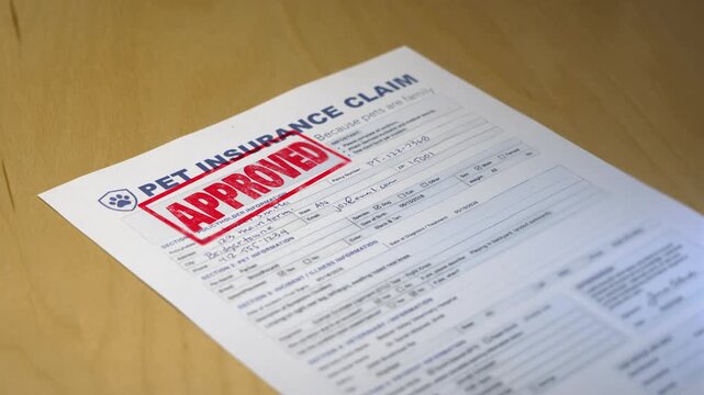 Pet insurance claim form stamped approved, illustrating veterinary coverage, reimbursement, claims processing and financial protection for pet owners. Data on form is fictional. 15289  