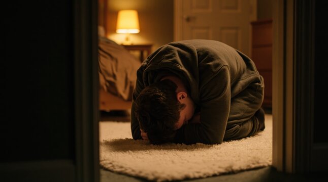 Man kneeling in a dark bedroom feeling depressed and sad with grief and despair