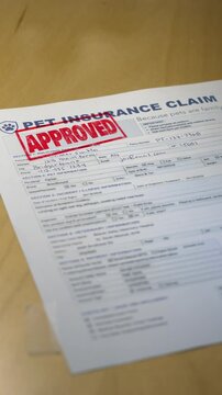 Vertical pet insurance claim form stamped approved, illustrating veterinary coverage, reimbursement, claims processing and financial protection for pet owners. Data on form is fictional. 15291  