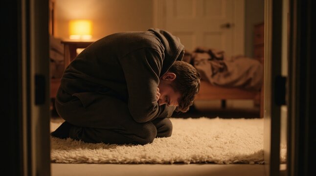 Man sitting in a dark room feeling deep grief depression sadness misery and pain