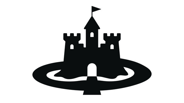 Black silhouette of a castle with a flag and surrounding moat