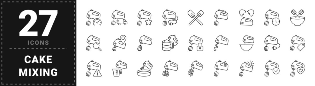 Hand Mixer Cake Mixing Web Icon Set in Linear Style. Collection of Batter Preparation line icons, including twin beaters, mixing bowl, dough hook, baking pan, speed control, eject button, recipe