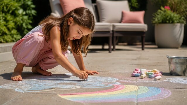 Young girl drawing a colorful chalk rainbow on an outdoor patio. Creative summer activity for children in the backyard