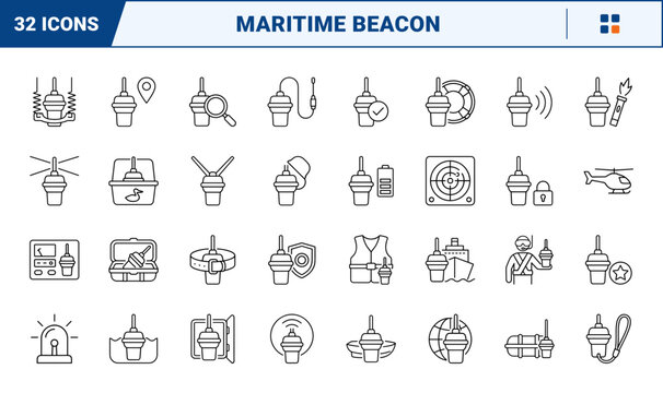 Epirb Beacon Maritime Emergency Beacon Web Icon Set in Linear Style. Collection of Sea Safety line icons, including signal beacon, hydrostatic release, satellite signal, rescue helicopter and more.