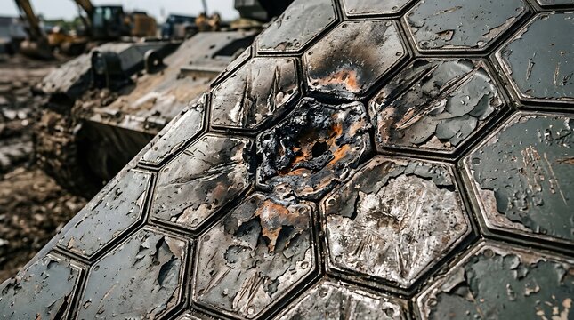 Macro texture of heavy sci-fi hex-grid armor plating with plasma scorch marks
