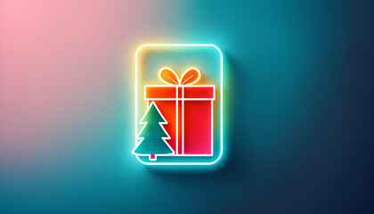 Naklejka premium bright glowing neon outline illustration of a wrapped gift box with a bow and a small christmas tree within a rounded rectangular frame on a blue and pink gradient field.