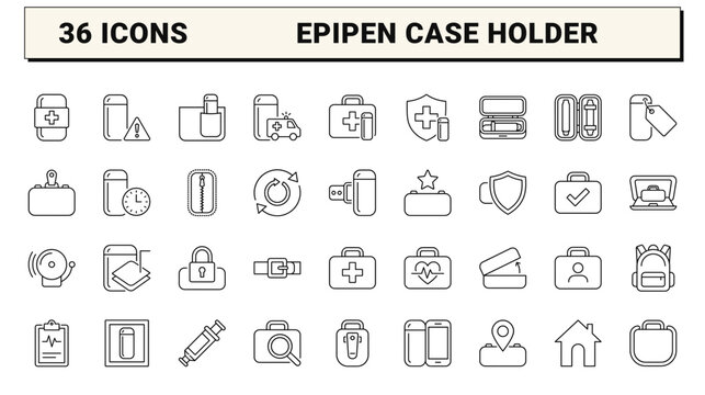 Epipen Case Emergency Allergy Response Web Icon Set in Linear Style. Collection of Anaphylaxis Kit line icons, including epipen case, medical cross, emergency shield, first aid pouch and more.