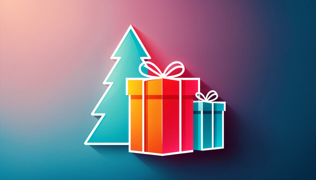 colorful flat illustration of two wrapped gift boxes with bows and a blue christmas tree silhouette with a drop shadow on a dark pink and blue gradient.
