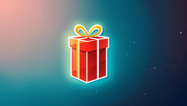 vibrant glowing red wrapped gift box with a yellow ribbon and bow shown upright over a dark blue speckled gradient surface with star shapes