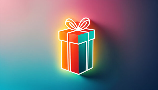 three dimensional glowing illustration of a tall wrapped gift box with a white ribbon and bow and a soft shadow on a pink and blue color gradient field.