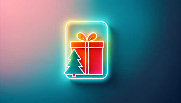 bright glowing neon outline illustration of a wrapped gift box with a bow and a small christmas tree within a rounded rectangular frame on a blue and pink gradient field.